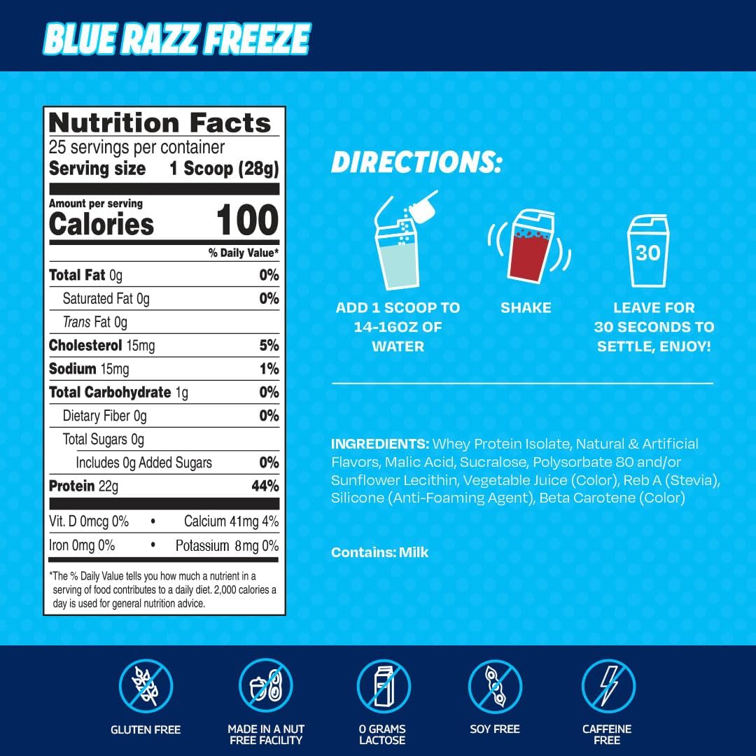 Clear Whey Isolate Protein Powder, Blue Razz Freeze Flavor - 25 Servings, 22g Protein Per Serving - Sugar-Free, Keto-Friendly, Soy-Free Juice-Like Protein