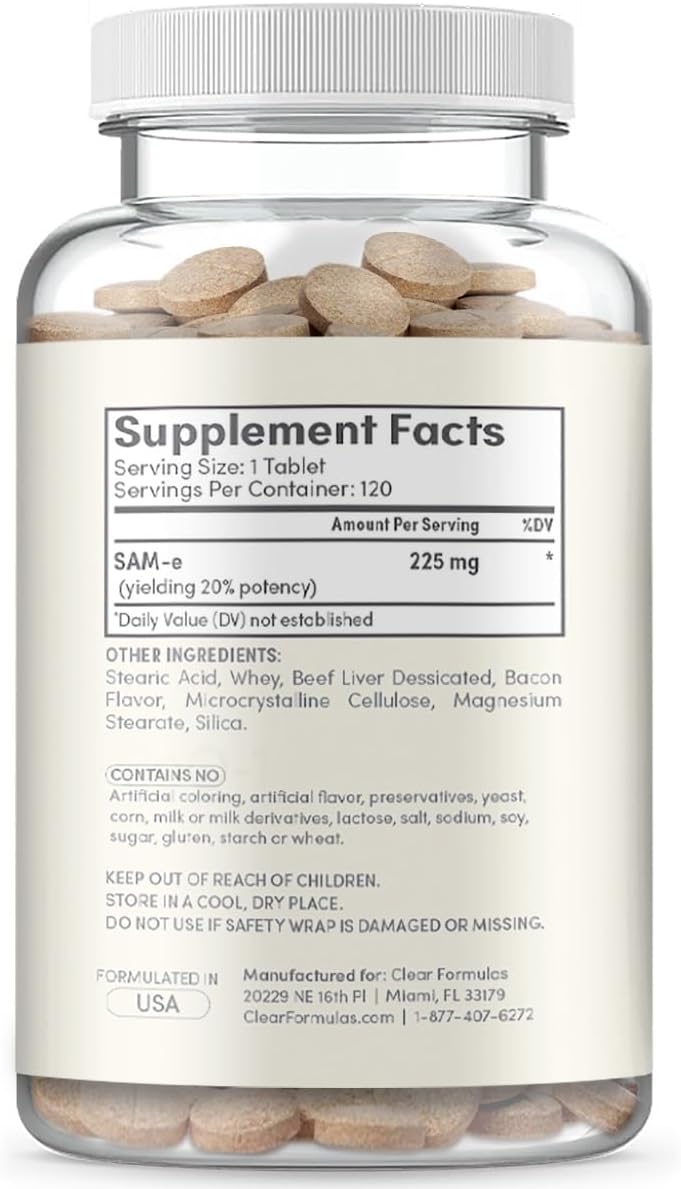 ClearFormulas Sam-e Chewable Tablets for Dogs - 225mg S-Adenosyl-L-Methionine for Natural Hepatic Liver Health Support - 120 Count