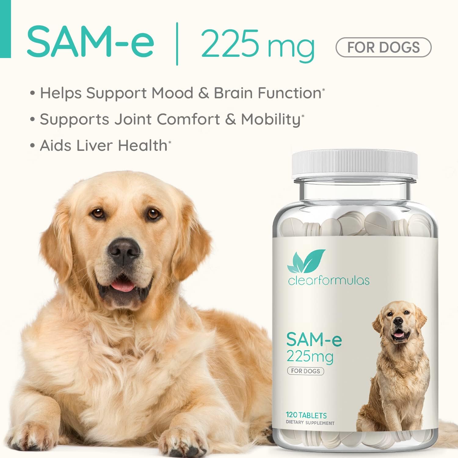 ClearFormulas Sam-e Chewable Tablets for Dogs - 225mg S-Adenosyl-L-Methionine for Natural Hepatic Liver Health Support - 120 Count