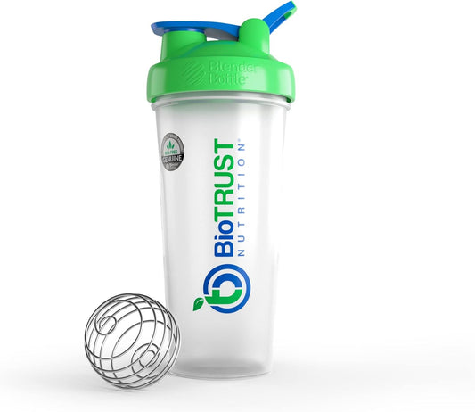 Clear/Green BioTRUST BlenderBottle Classic Shaker Bottle - 28 oz with Loop