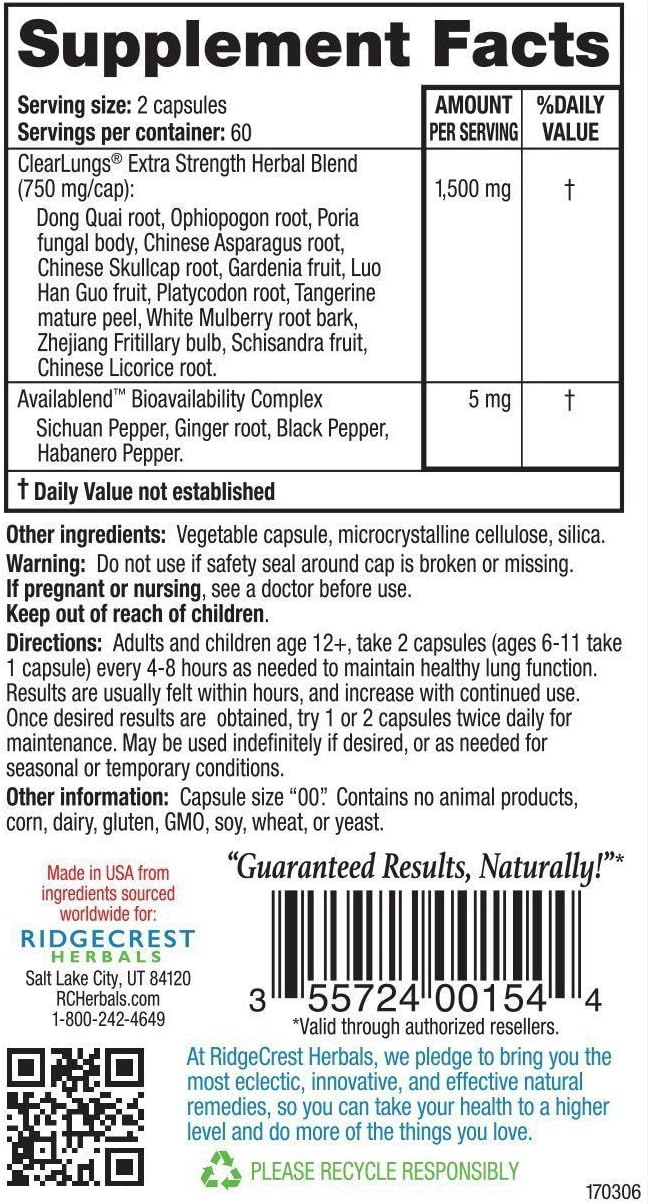 ClearLungs Extra Strength Herbal Decongestant - 120 Veg Capsules by RidgeCrest