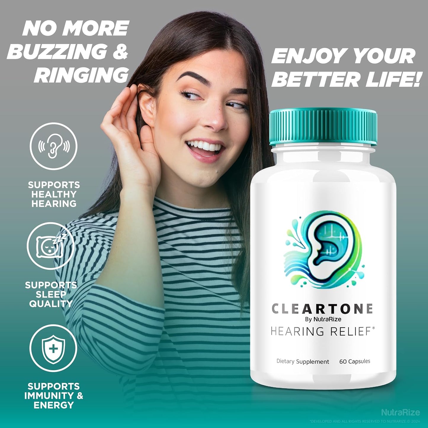 ClearTone Tinnitus Relief Supplement (2 Pack) - 120 Capsules for Auditory Support & Ear Health - NutraRize ClearTones Review