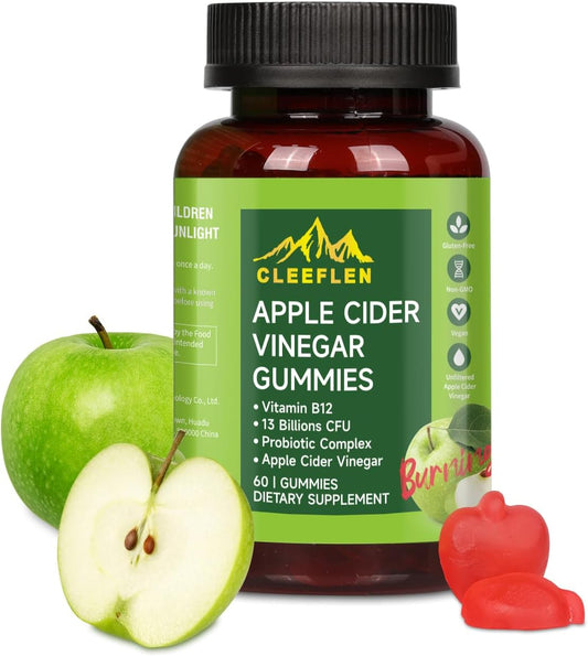 CLEEFLEN Apple Cider Vinegar Gummies with Vitamin B12, Probiotics - Supports Digestive Health, Detox Cleanse, Immune Boost - Gluten-Free, Vegetarian - 60 Gummies