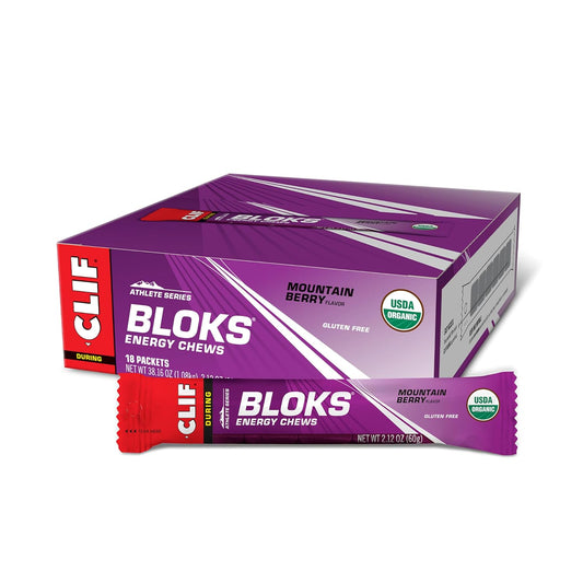 CLIF BLOKS Mountain Berry Energy Chews - Non-GMO Plant Based Fuel for Cycling & Running - Fast Carbs & Electrolytes - 2.12 oz (18 Count)