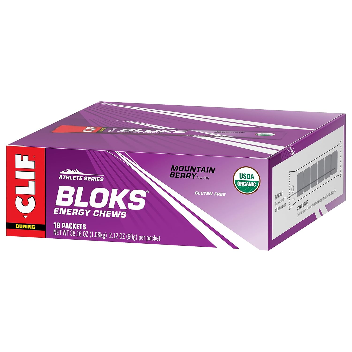 CLIF BLOKS Mountain Berry Energy Chews - Non-GMO Plant Based Fuel for Cycling & Running - Fast Carbs & Electrolytes - 2.12 oz (18 Count)