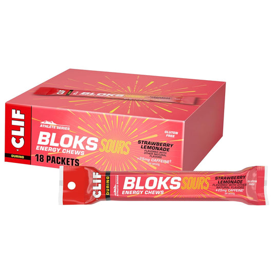 Clif Bloks Sours Strawberry Lemonade Caffeinated Energy Chews - Non-GMO, Plant Based Fuel for Cycling and Running - 18 Count