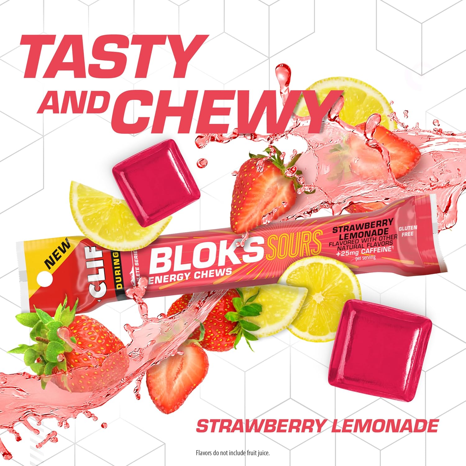 Clif Bloks Sours Strawberry Lemonade Caffeinated Energy Chews - Non-GMO, Plant Based Fuel for Cycling and Running - 18 Count