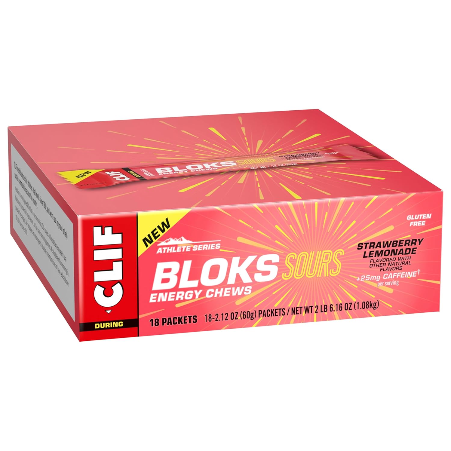 Clif Bloks Sours Strawberry Lemonade Caffeinated Energy Chews - Non-GMO, Plant Based Fuel for Cycling and Running - 18 Count