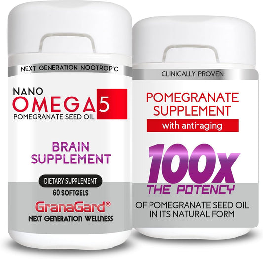 Clinically Proven Granagard Nano Pomegranate Brain Supplement (2-Month Supply) - Anti Aging, Memory, Omega 5 Pills - 2 Bottles 60ct each