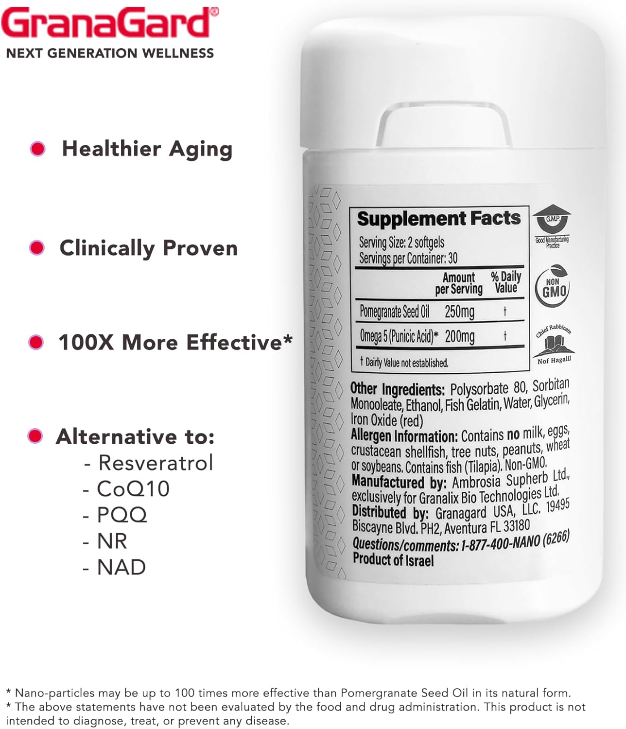Clinically Proven Granagard Nano Pomegranate Brain Supplement (2-Month Supply) - Anti Aging, Memory, Omega 5 Pills - 2 Bottles 60ct each