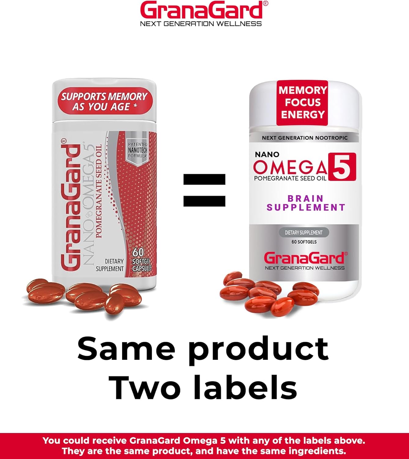 Clinically Proven Granagard Nano Pomegranate Brain Supplement (2-Month Supply) - Anti Aging, Memory, Omega 5 Pills - 2 Bottles 60ct each