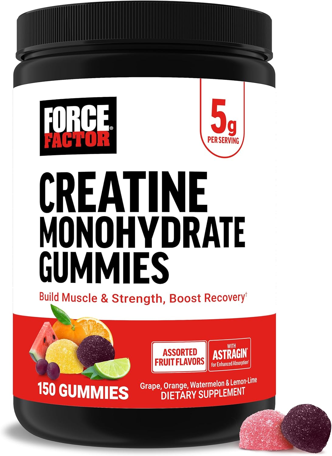 Clinically Studied Force Factor Creatine Gummies - 5g Creatine Monohydrate for Muscle Gain, Strength, Recovery - Assorted Fruit Flavors, 30 Servings