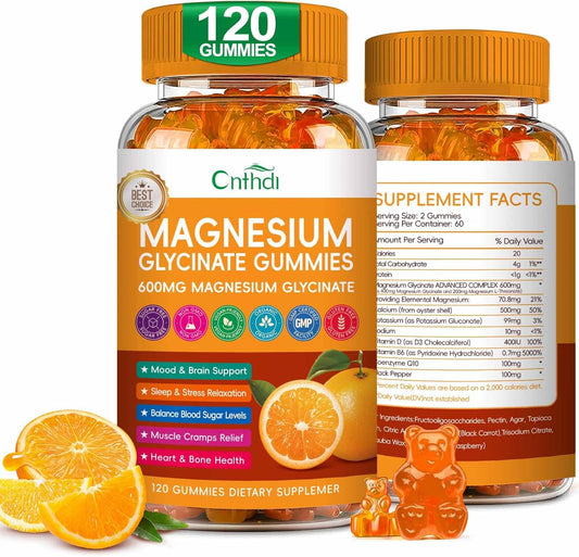 CNFHDI 600mg Magnesium Glycinate Gummies - 120 Ct | Sugar Free Supplement with Potassium, Vitamin D, B6, CoQ10 for Calm Mood & Sleep, Gluten Free, Non GMO