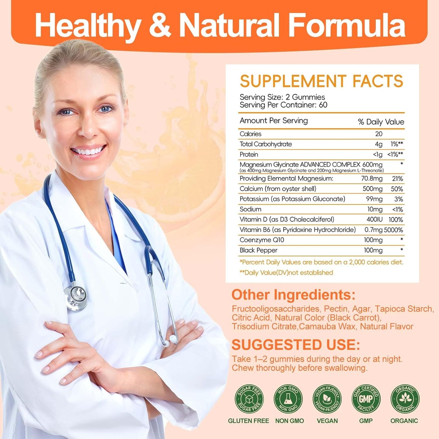 CNFHDI 600mg Magnesium Glycinate Gummies - 120 Ct | Sugar Free Supplement with Potassium, Vitamin D, B6, CoQ10 for Calm Mood & Sleep, Gluten Free, Non GMO