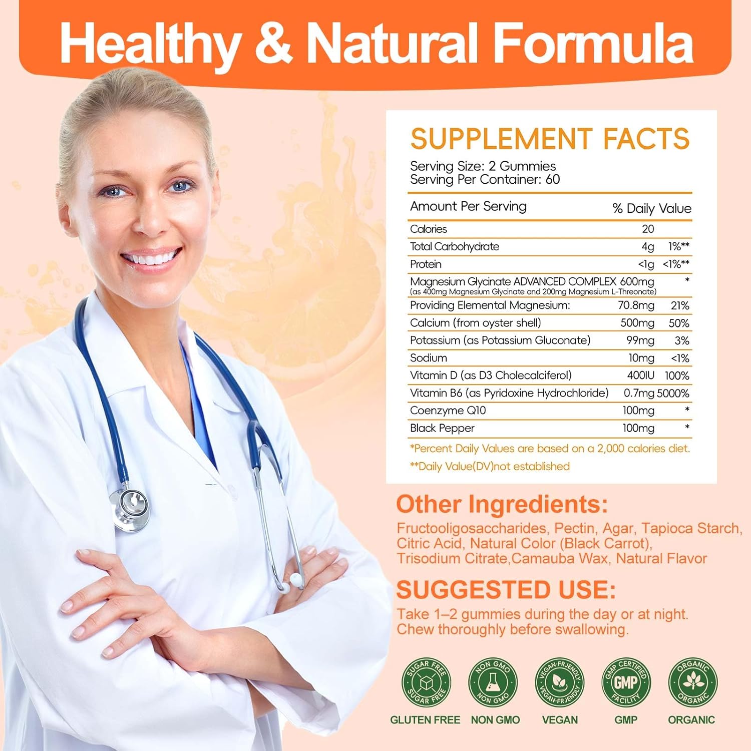 CNFHDI 600mg Magnesium Glycinate Gummies - 120 Ct | Sugar Free Supplement with Potassium, Vitamin D, B6, CoQ10 for Calm Mood & Sleep, Gluten Free, Non GMO
