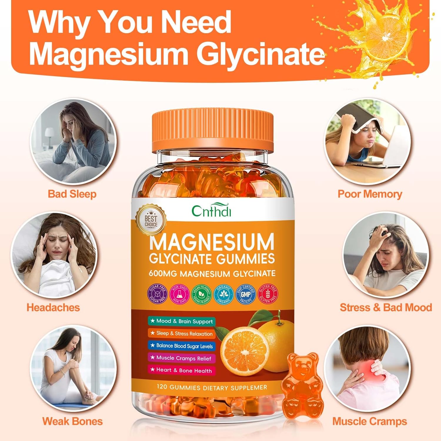 CNFHDI 600mg Magnesium Glycinate Gummies - 120 Ct | Sugar Free Supplement with Potassium, Vitamin D, B6, CoQ10 for Calm Mood & Sleep, Gluten Free, Non GMO