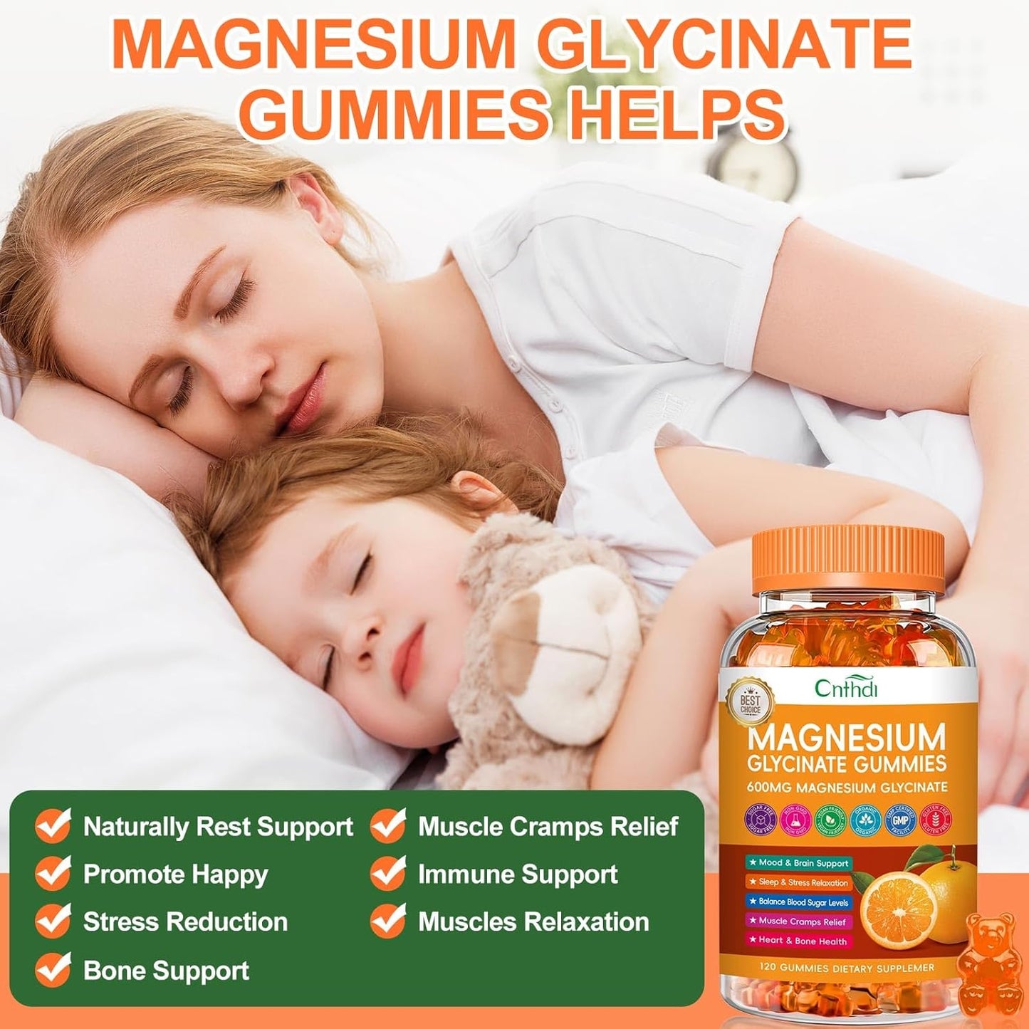 CNFHDI 600mg Magnesium Glycinate Gummies - 120 Ct | Sugar Free Supplement with Potassium, Vitamin D, B6, CoQ10 for Calm Mood & Sleep, Gluten Free, Non GMO