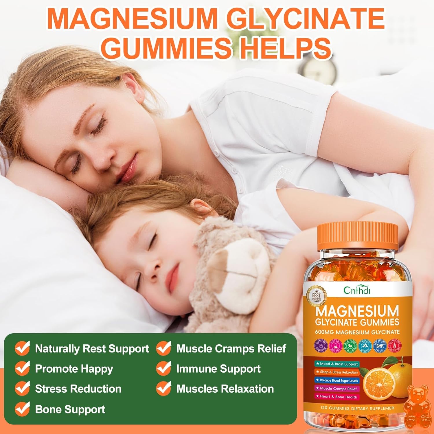 CNFHDI 600mg Magnesium Glycinate Gummies - 120 Ct | Sugar Free Supplement with Potassium, Vitamin D, B6, CoQ10 for Calm Mood & Sleep, Gluten Free, Non GMO