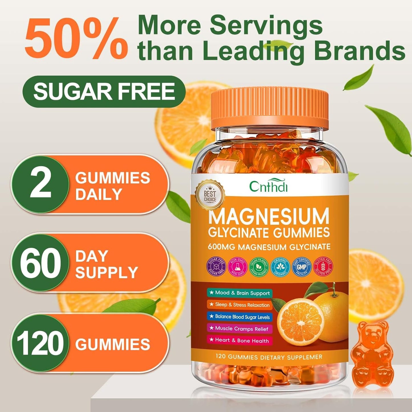 CNFHDI 600mg Magnesium Glycinate Gummies - 120 Ct | Sugar Free Supplement with Potassium, Vitamin D, B6, CoQ10 for Calm Mood & Sleep, Gluten Free, Non GMO