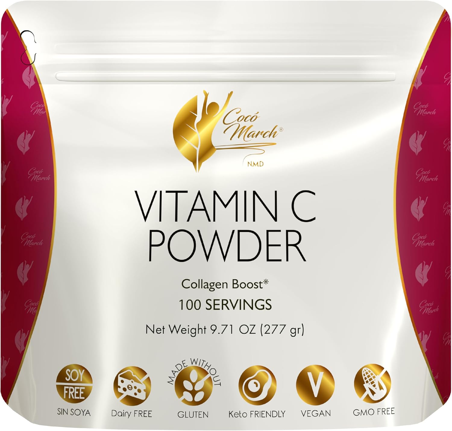 Cocó March N.M.D 1000 mg Vitamin C Powder - Collagen & Immune Support with Zinc, Bromelain, Quercetin, L-Lysine - Gluten-Free, Dairy-Free, Soy-Free, GMO-Free, Vegan & Keto Friendly - 10 oz.