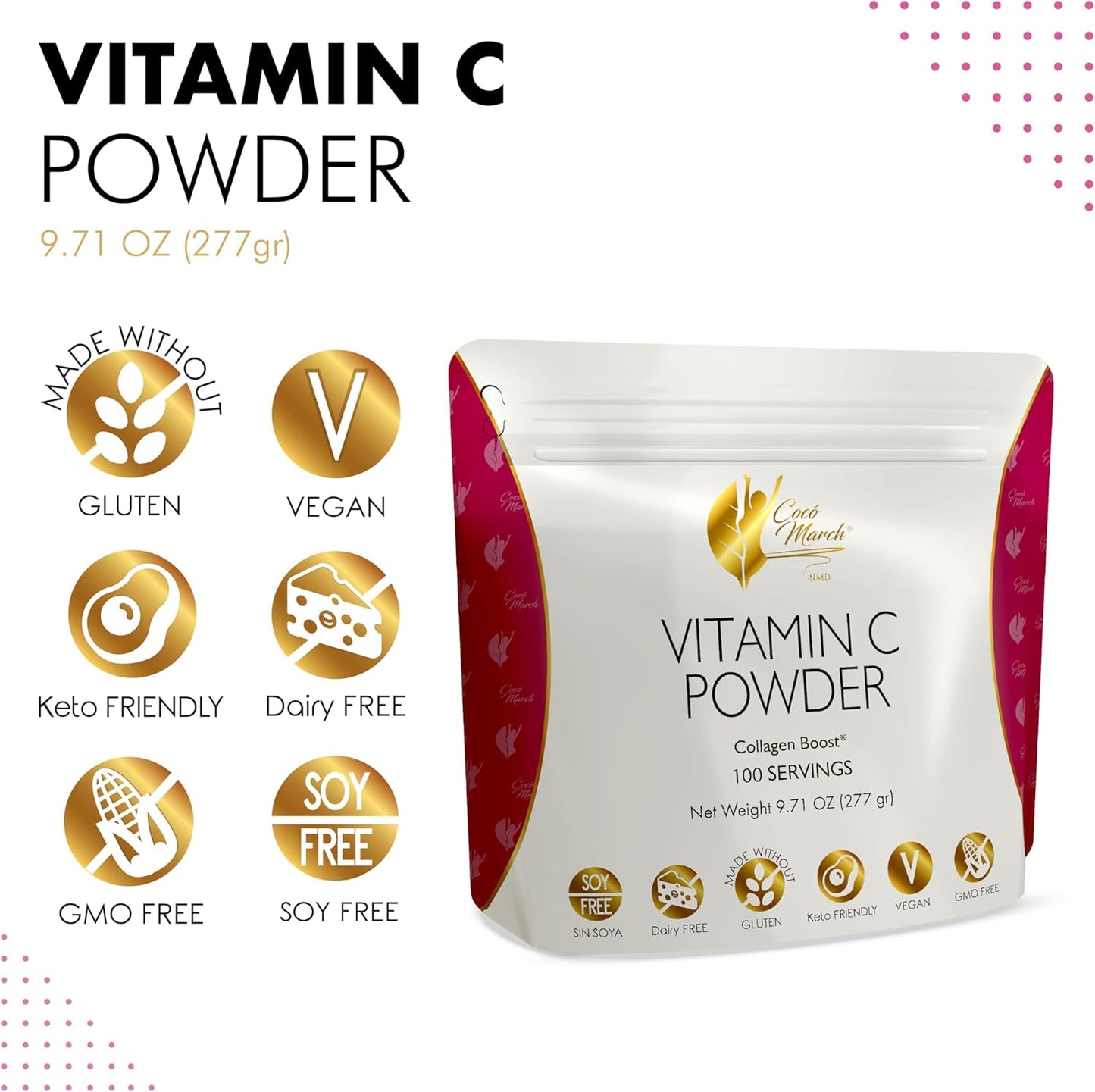 Cocó March N.M.D 1000 mg Vitamin C Powder - Collagen & Immune Support with Zinc, Bromelain, Quercetin, L-Lysine - Gluten-Free, Dairy-Free, Soy-Free, GMO-Free, Vegan & Keto Friendly - 10 oz.