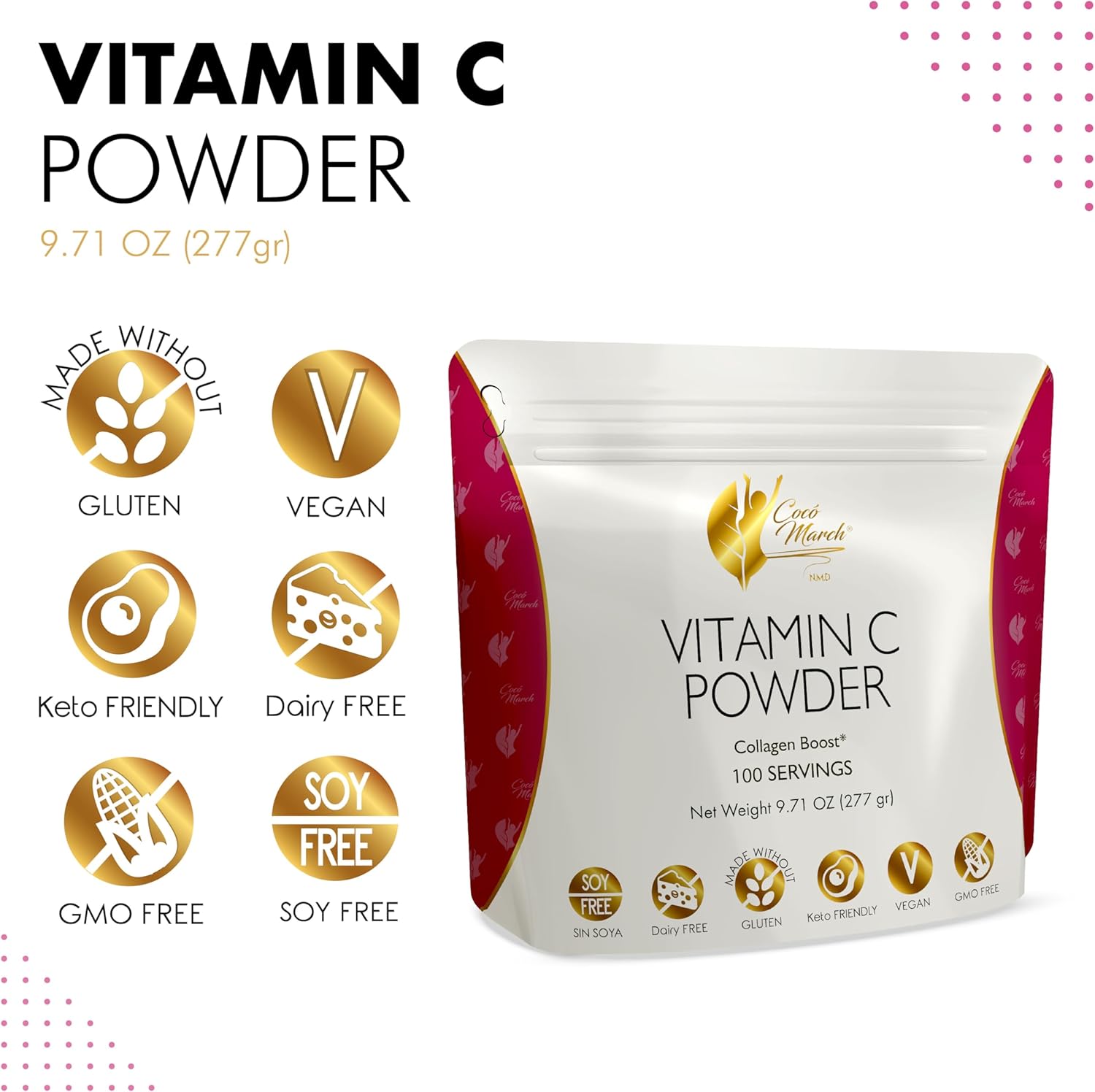 Cocó March N.M.D 1000 mg Vitamin C Powder - Collagen & Immune Support with Zinc, Bromelain, Quercetin, L-Lysine - Gluten-Free, Dairy-Free, Soy-Free, GMO-Free, Vegan & Keto Friendly - 10 oz.