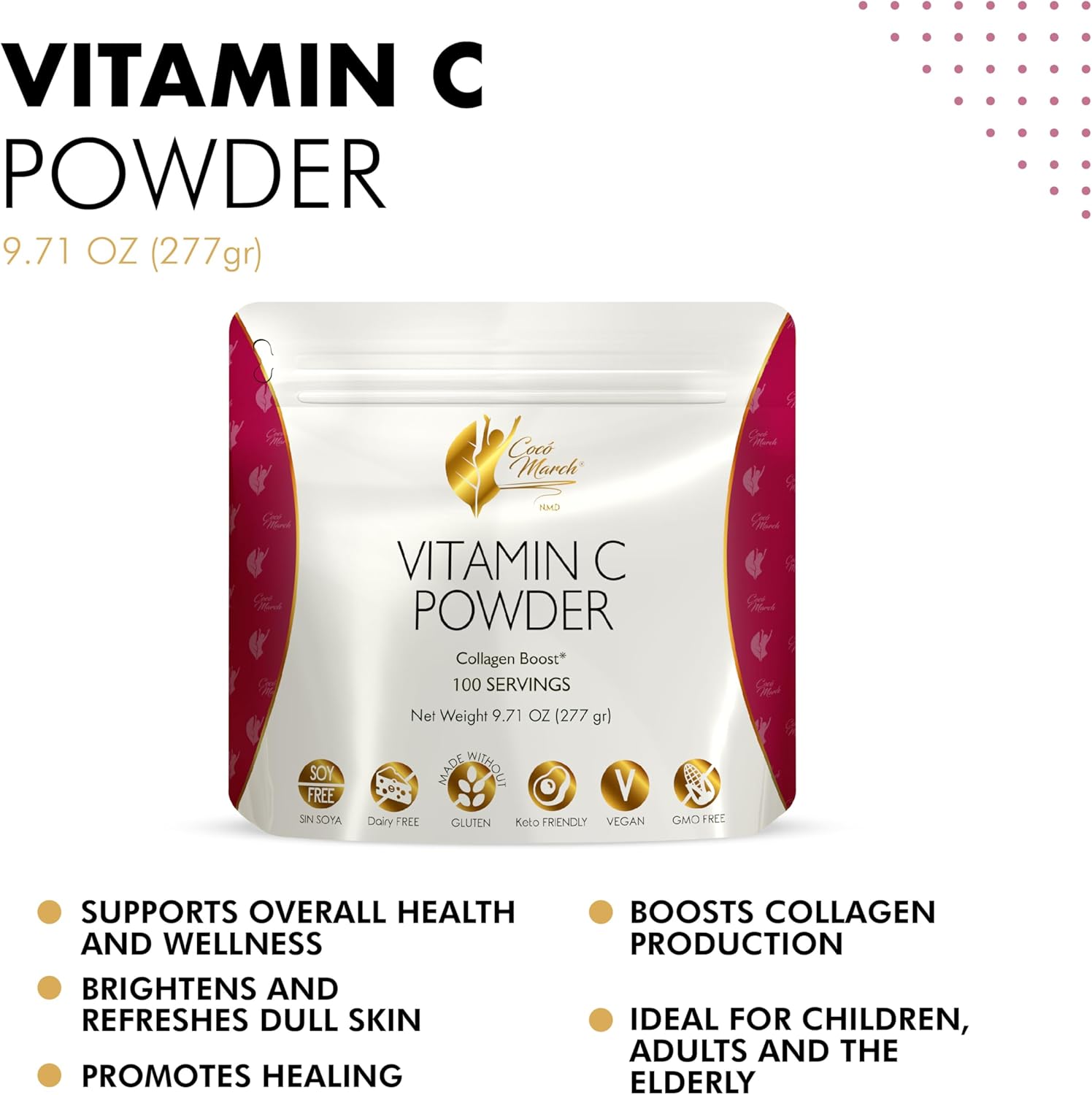 Cocó March N.M.D 1000 mg Vitamin C Powder - Collagen & Immune Support with Zinc, Bromelain, Quercetin, L-Lysine - Gluten-Free, Dairy-Free, Soy-Free, GMO-Free, Vegan & Keto Friendly - 10 oz.