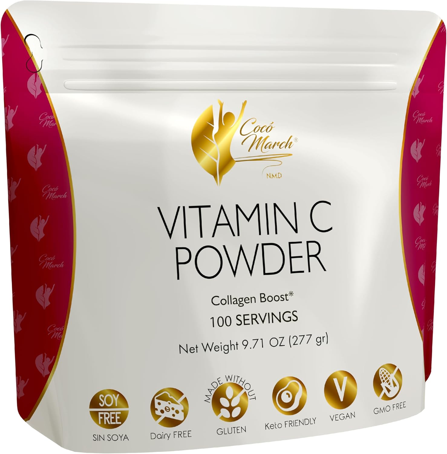 Cocó March N.M.D 1000 mg Vitamin C Powder - Collagen & Immune Support with Zinc, Bromelain, Quercetin, L-Lysine - Gluten-Free, Dairy-Free, Soy-Free, GMO-Free, Vegan & Keto Friendly - 10 oz.