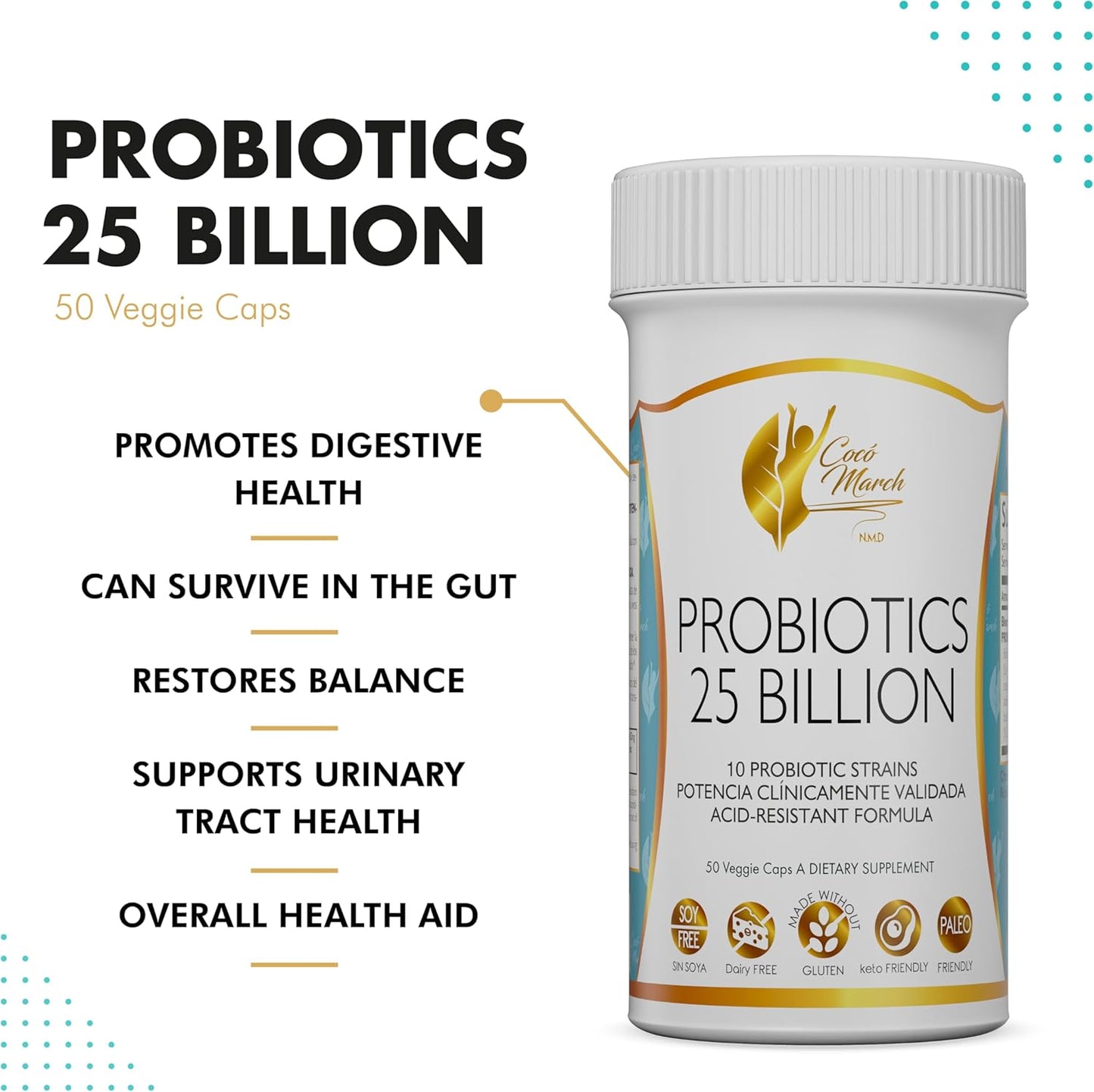 Cocó March Probiotic 25 Billion - High Potency Formula with 10 Strains for Adults & Children - Gluten, Dairy, Soy Free - 30 Capsules
