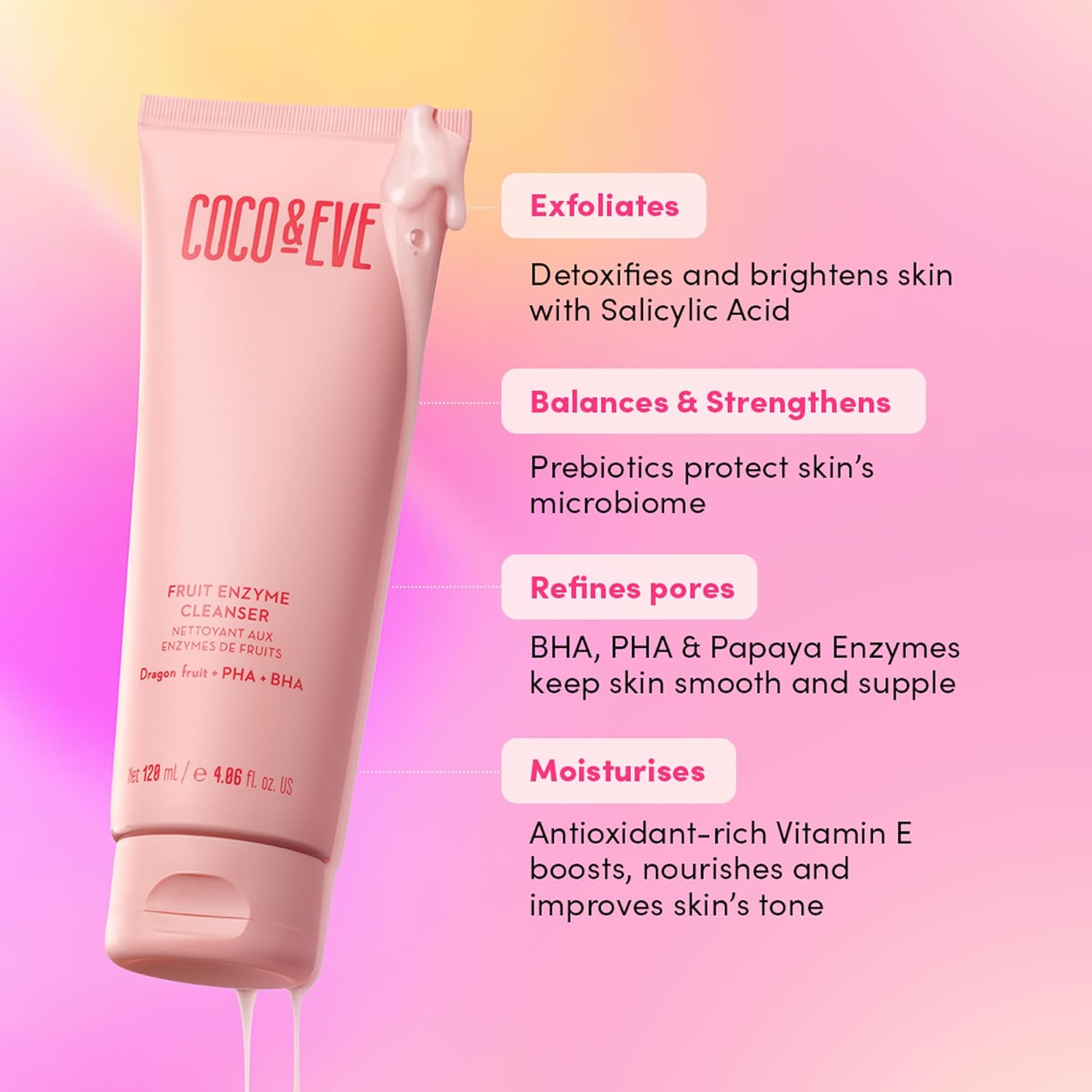 Coco & Eve Fruit Enzyme Cleanser - Water Based Gentle Cleanser for Radiant Skin - Refines Pores, Exfoliates, and Moisturizes with BHA, Prebiotic, Papaya Enzyme & Vitamin E - 4.06 fl oz