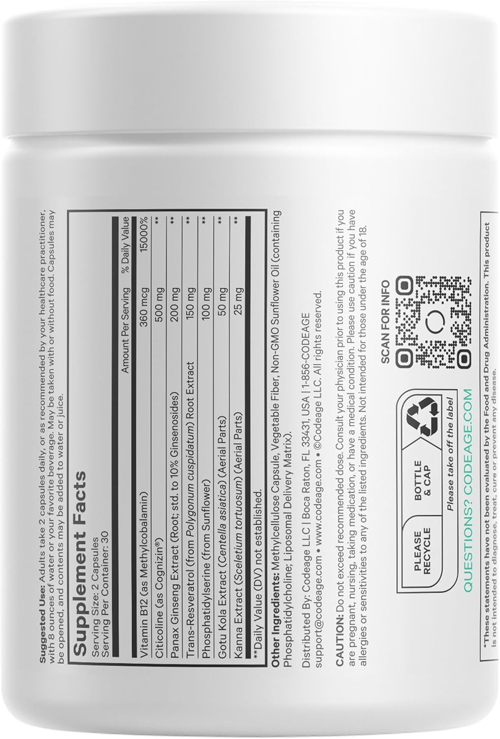 Codeage Brain Focus Nootropic Supplement with Citicoline Cognizin, Panax Ginseng, Resveratrol, Gotu Kola, B12 - Liposomal Delivery - 60 Capsules