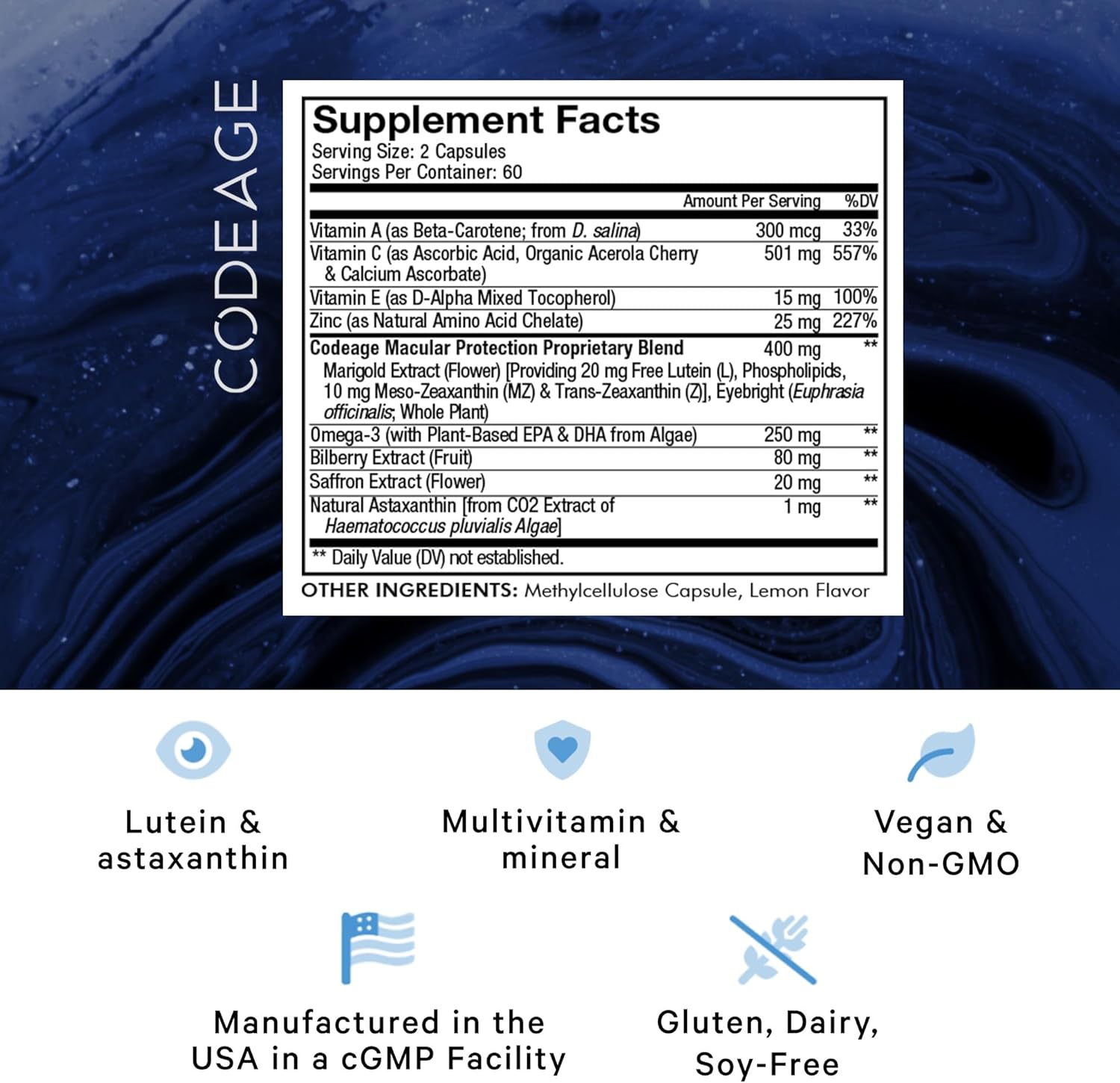 Codeage Eyes Vitamins: AREDS 2 Formula Supplement with Vitamins A, C, E, Zinc, Lutein, Astaxanthin, Zeaxanthin, and More - 2-Month Supply - 120 Capsules