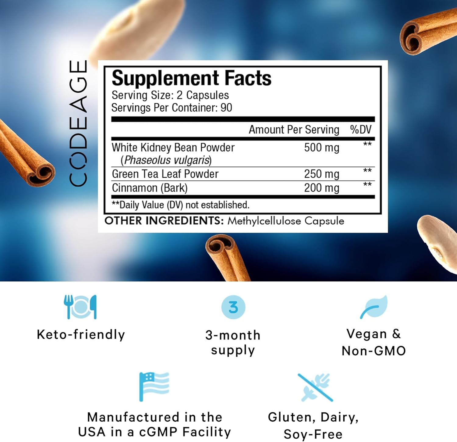 Codeage Keto Carb Supplement with White Kidney Bean, Green Tea & Cinnamon Bark - Triple Action Keto Cheat Pills for Ketogenic & Low Carb Diets - 3 Months Supply, Non-GMO & Gluten-Free - 180 Capsules