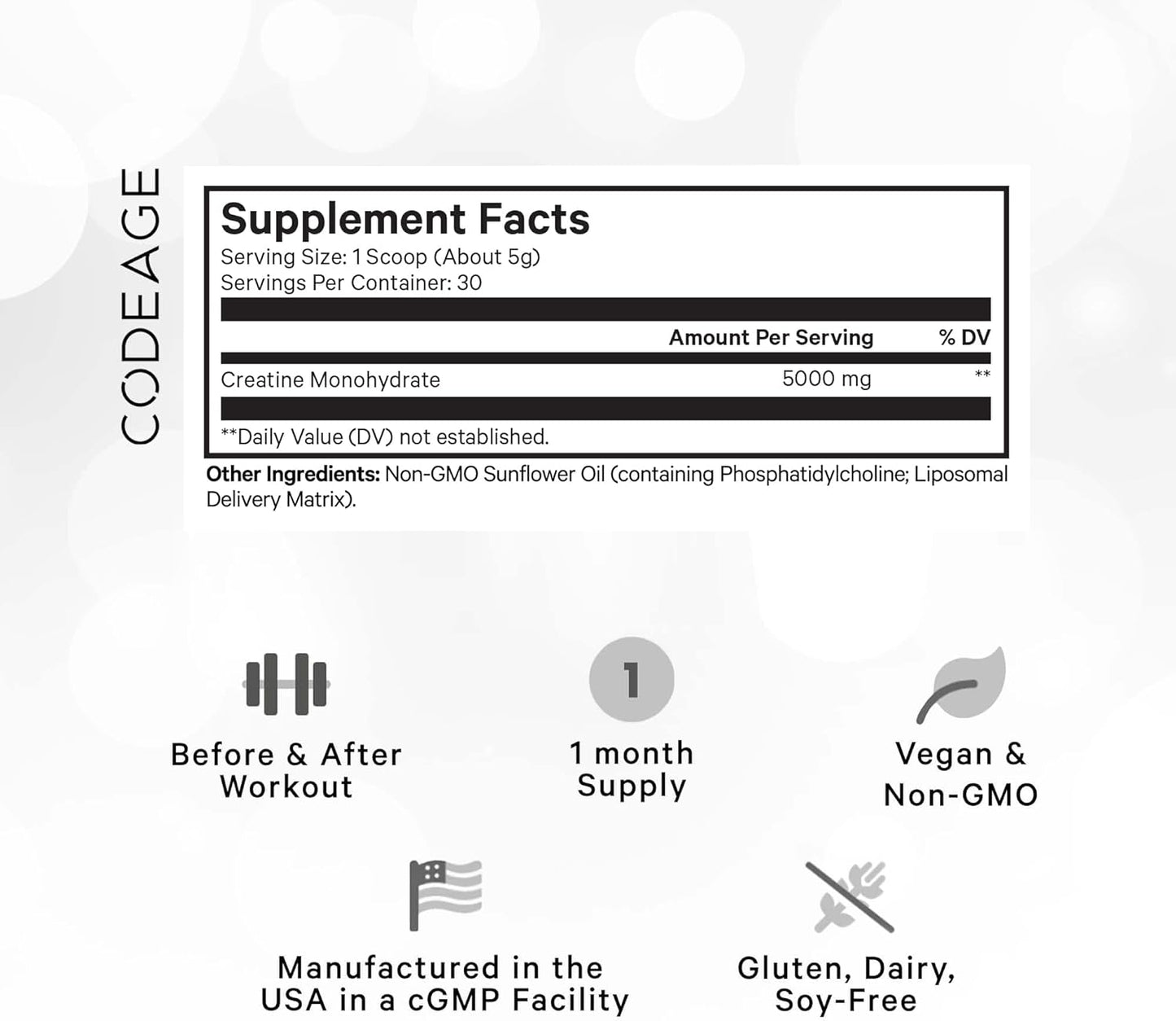 Codeage Liposomal Creatine Powder Supplement - 5000mg Pure Creatine Monohydrate for Pre & Post Workouts - Unflavored Micronized Creatine Powder - Creatinine for Sports - 30 Servings