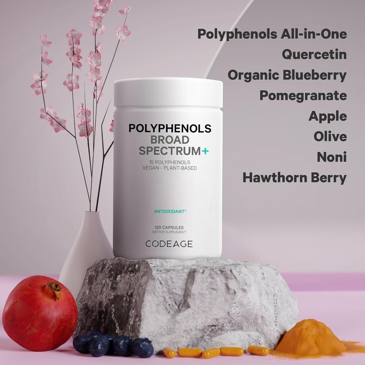 Codeage Polyphenols Broad Spectrum Supplement - 15 Berry & Fruit Blend with Quercetin, Resveratrol, Pomegranate, Turmeric - 120 Capsules