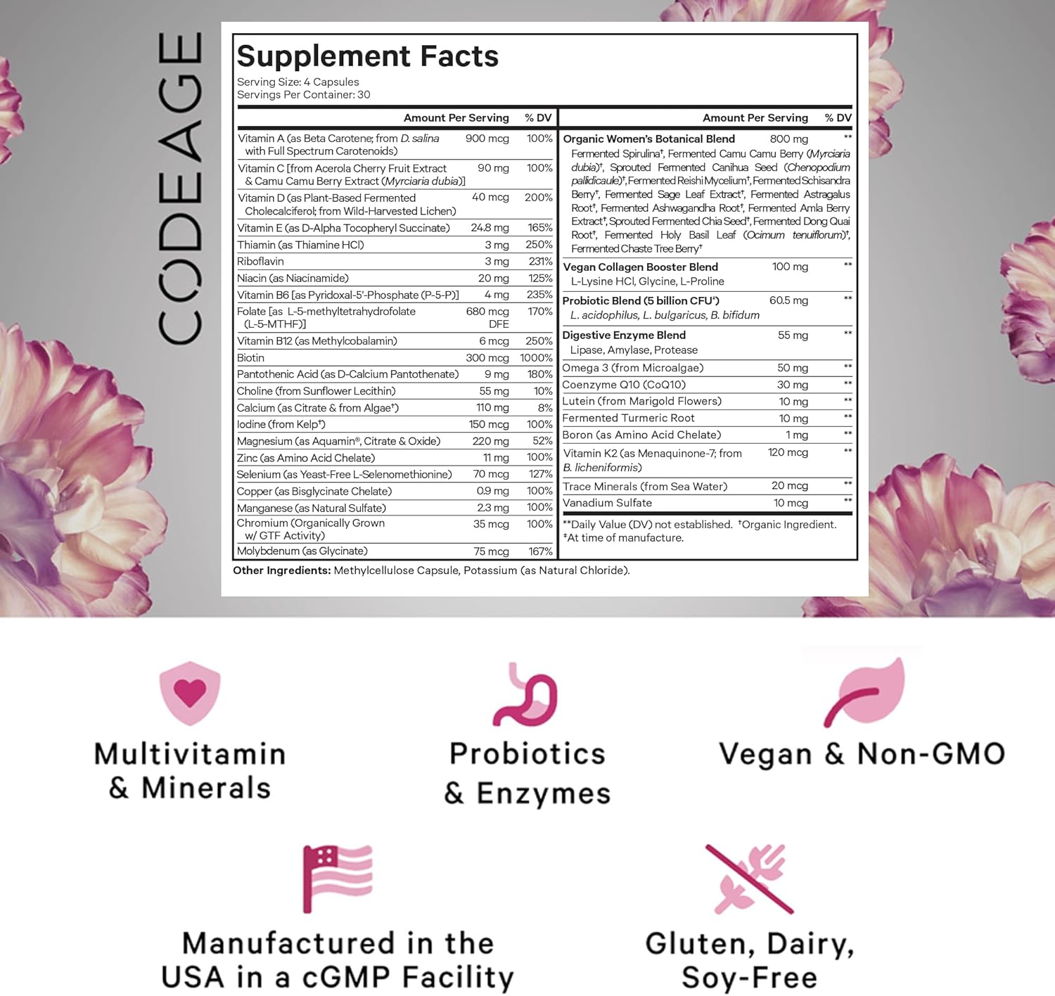 Codeage Women's Multivitamin with 25+ Vitamins, Minerals, and Probiotics - Organic Whole Foods, Omega 3, Zinc - Vegan - 2 Pack