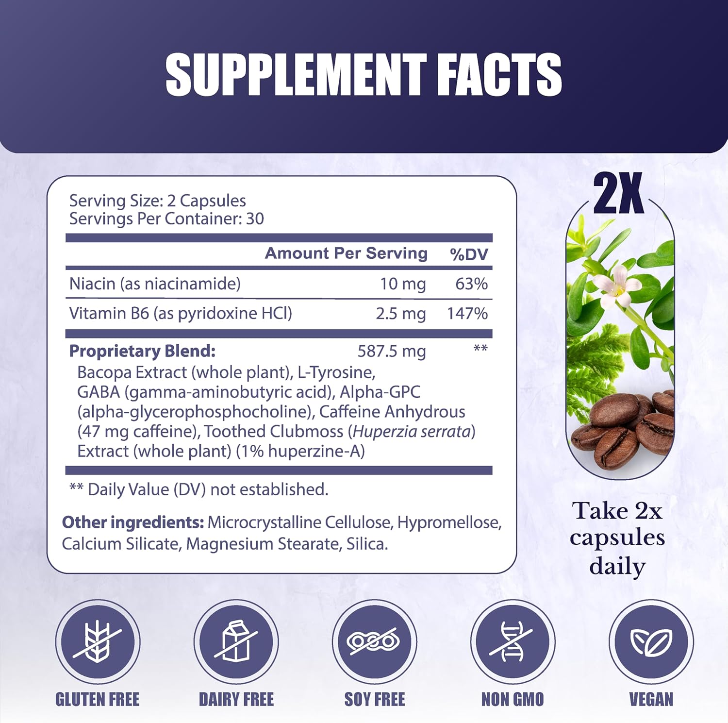 Cognilux Brain Supplements - Memory and Focus Nootropic with Niacin, Vitamin B6, GABA - Brain Health Support, 60 Capsules