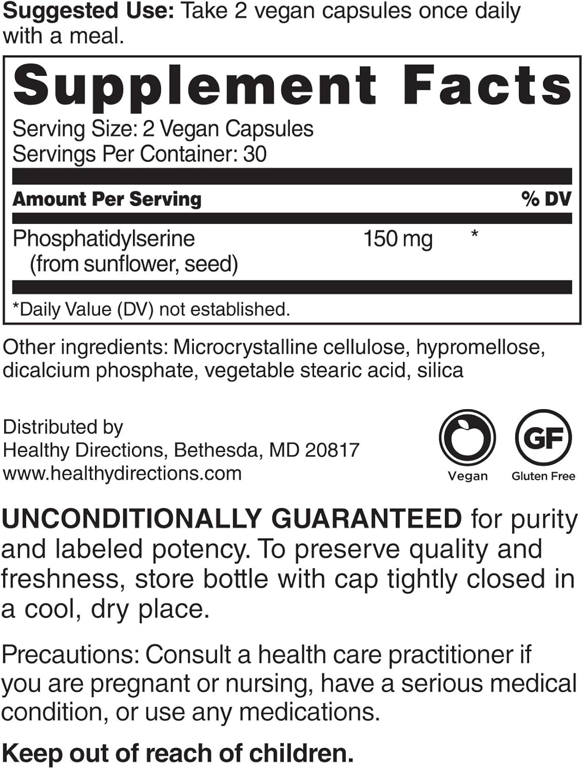 Cognitive Health Supplement: 150 mg Phosphatidylserine, 60 Vegan Capsules for Brain Function & Memory, 30-Day Supply