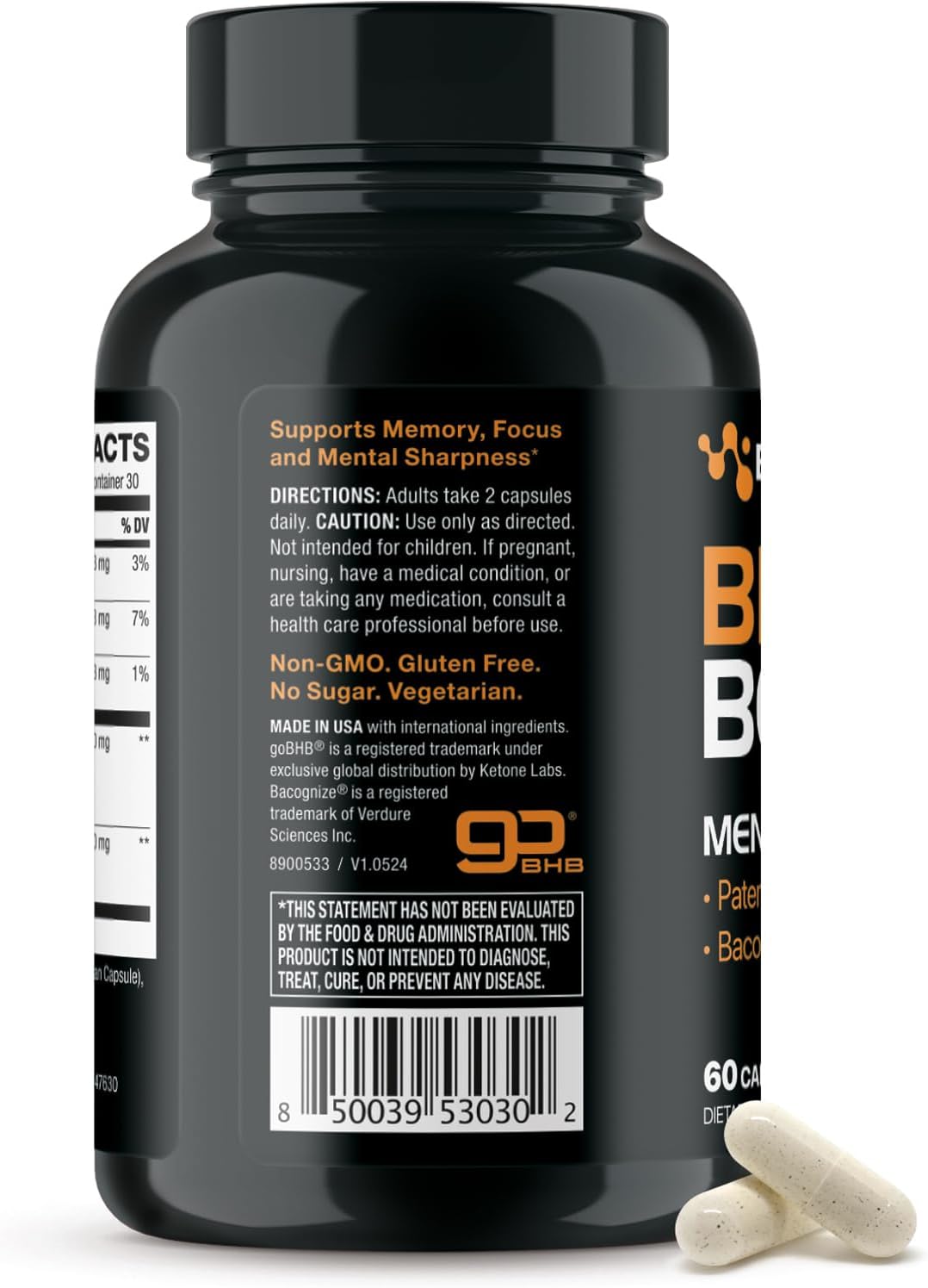 Cognitive Support Supplement with Bacopa Monnieri & goBHB - Real Ketones Brain Booster for Focus - Clinically Validated Nootropics - 3rd Party Tested (30 Servings)
