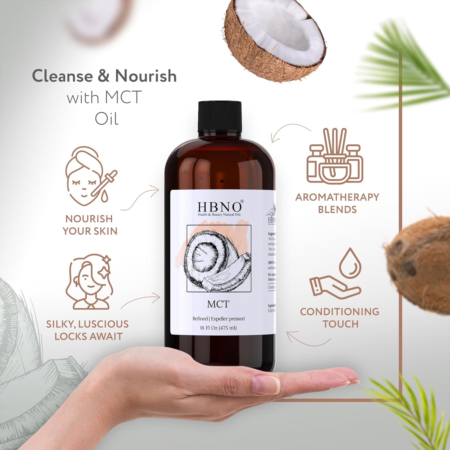 Cold Pressed California Coconut MCT Oil - 16 fl oz (475ml) Value Size - Natural Carrier Oil for Massage, Aromatherapy - Face, Body, Lips, Hair - HBNO