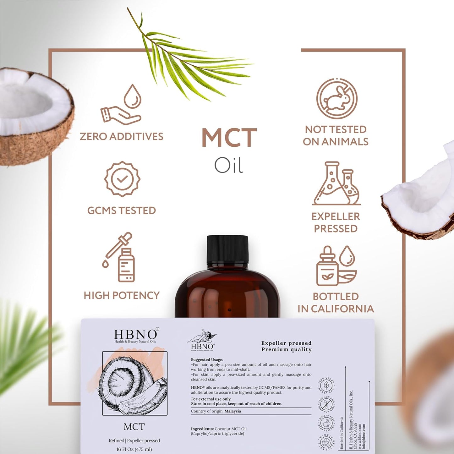 Cold Pressed California Coconut MCT Oil - 16 fl oz (475ml) Value Size - Natural Carrier Oil for Massage, Aromatherapy - Face, Body, Lips, Hair - HBNO