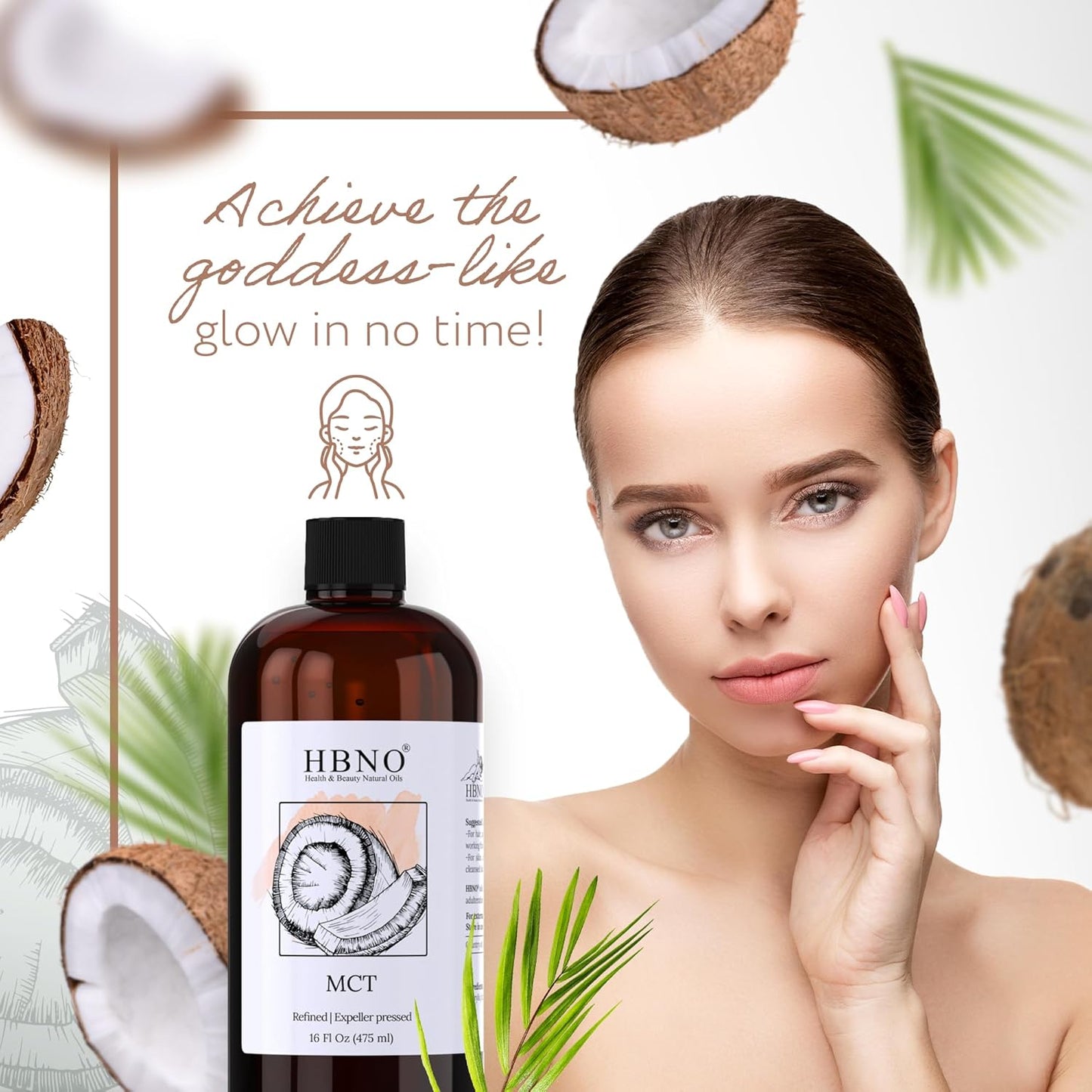 Cold Pressed California Coconut MCT Oil - 16 fl oz (475ml) Value Size - Natural Carrier Oil for Massage, Aromatherapy - Face, Body, Lips, Hair - HBNO