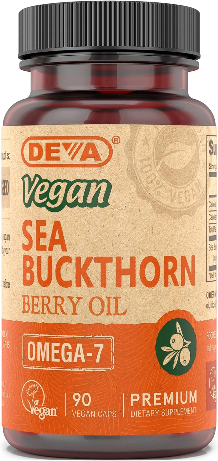 Cold-Pressed DEVA Vegan Sea Buckthorn Berry Oil Capsules - 500mg, Omega-7 Rich, Unrefined - 90 Count