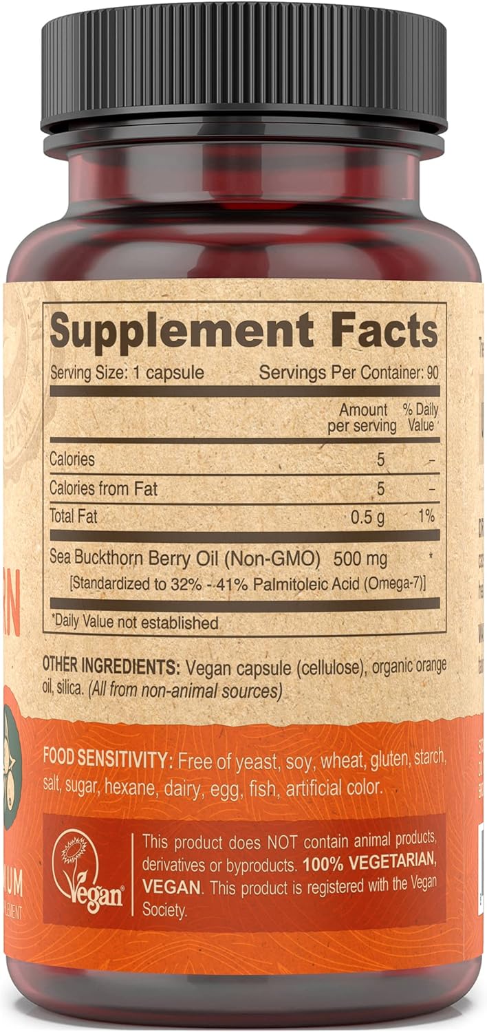 Cold-Pressed DEVA Vegan Sea Buckthorn Berry Oil Capsules - 500mg, Omega-7 Rich, Unrefined - 90 Count