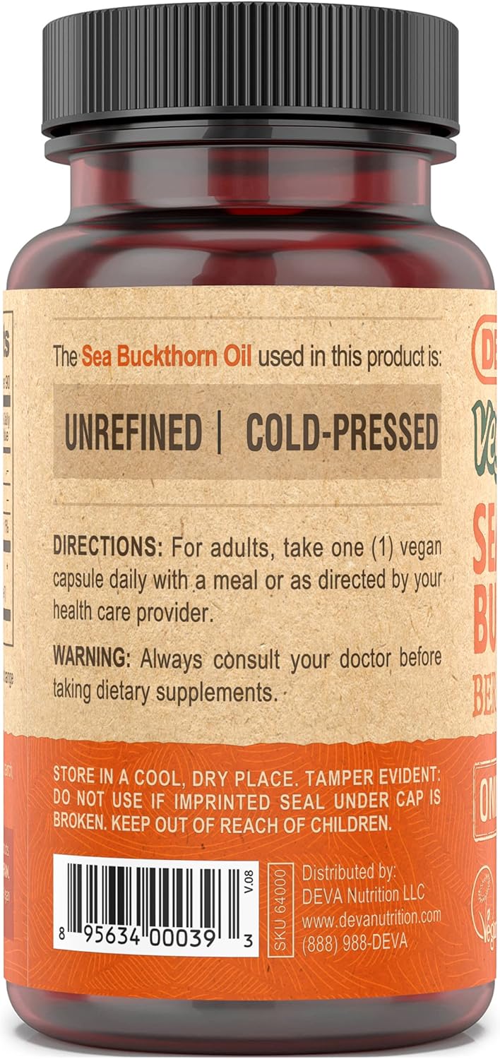 Cold-Pressed DEVA Vegan Sea Buckthorn Berry Oil Capsules - 500mg, Omega-7 Rich, Unrefined - 90 Count