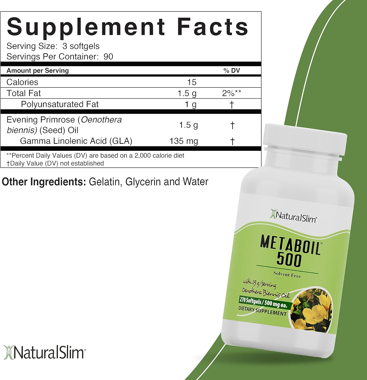 Cold Pressed NaturalSlim Evening Primrose Oil 1500mg - Metaboil 500 GLA Supplement for Women's Health, Metabolism, Heart, and Skin - 270 Softgels