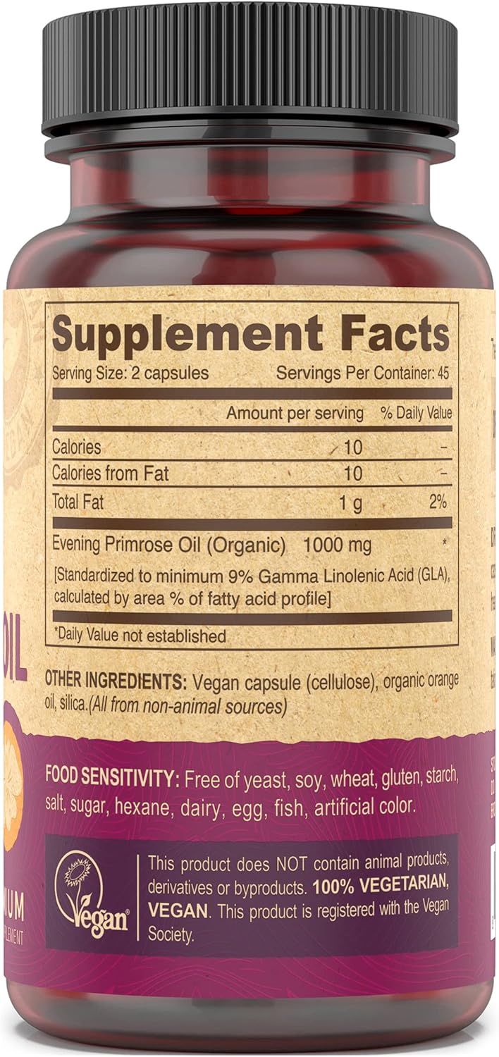 Cold-Pressed Unrefined Evening Primrose Oil Capsules - 90 Count Vegan Supplement by DEVA