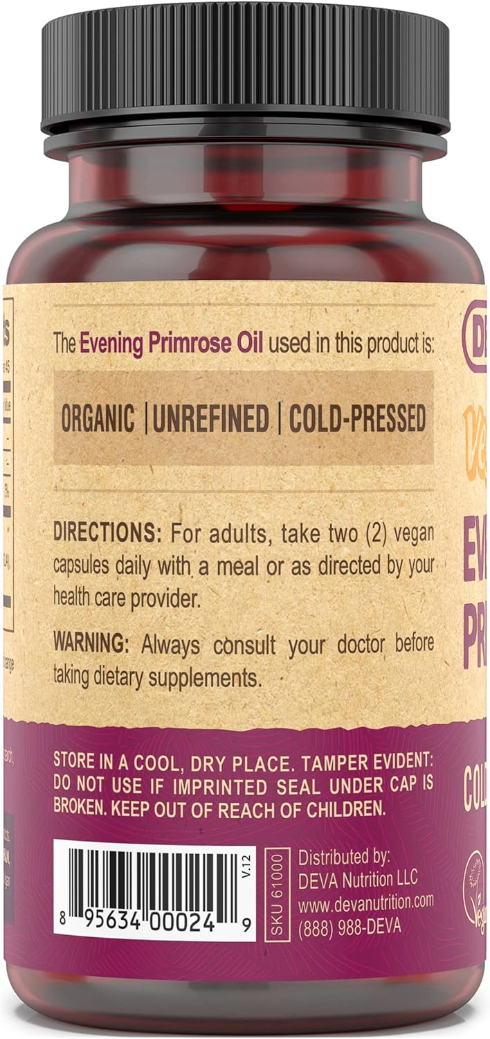 Cold-Pressed Unrefined Evening Primrose Oil Capsules - 90 Count Vegan Supplement by DEVA