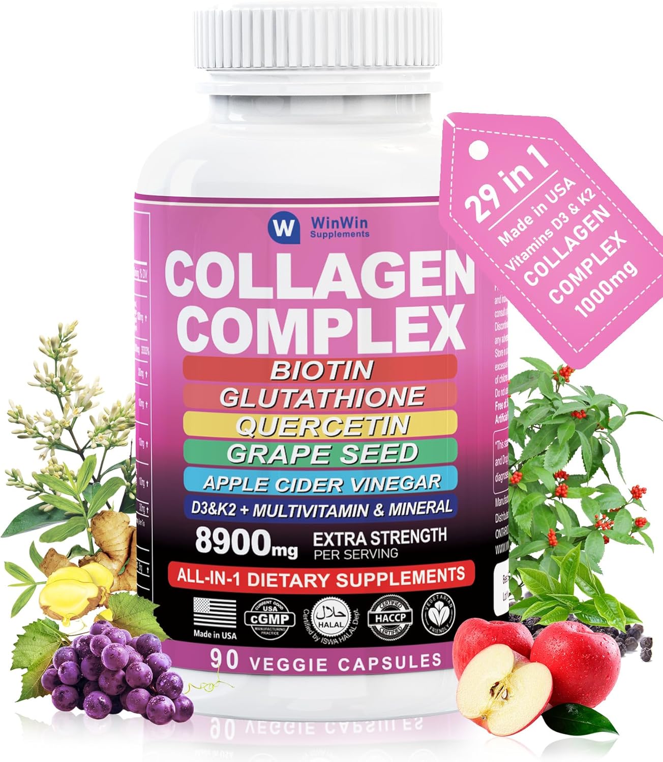 Collagen 1000mg Supplement with Quercetin, Grape Seed, and Biotin - 29in1 Multi-Vitamin and Mineral Blend - Made in USA