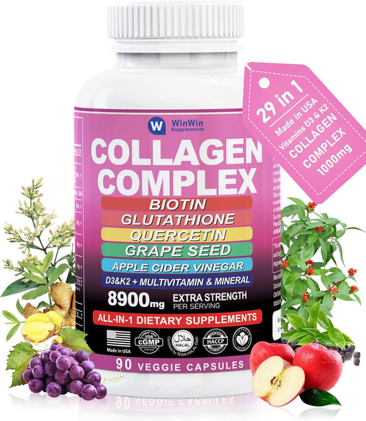 Collagen 1000mg Supplement with Quercetin, Grape Seed, and Biotin - 29in1 Multi-Vitamin and Mineral Blend - Made in USA